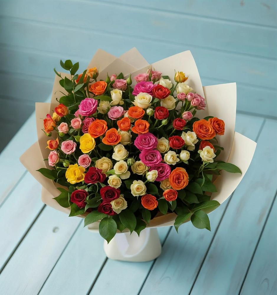 Букет Микс из разноцветных кустовых роз в Каменск-Уральском